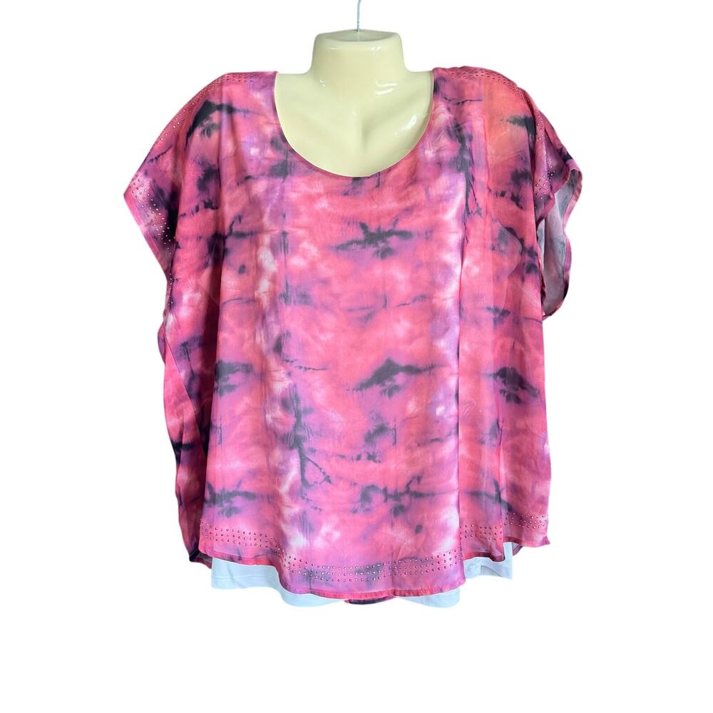 One World 1X Pink Black Tie Dye Short Sleeve Top Plus Size